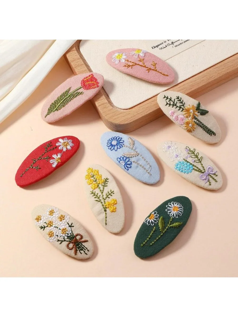 9Pcs Floral Embroidered Hair Clips - Handmade Oval Snap Barrettes, Assorted
